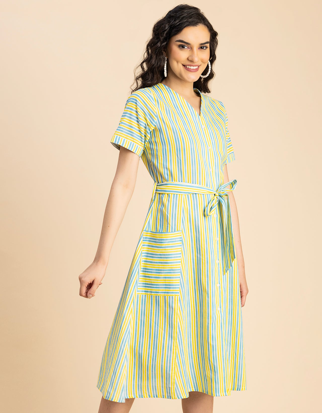 Short Sleeve V Neck A-Line Cotton Dress