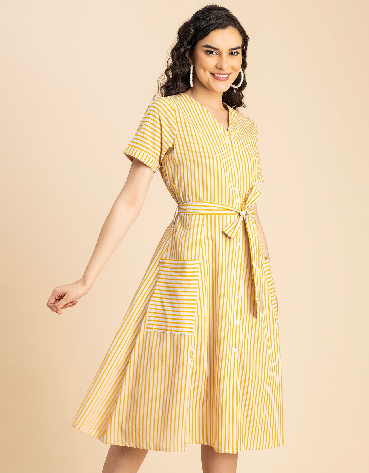Short Sleeve V Neck A-Line Cotton Dress