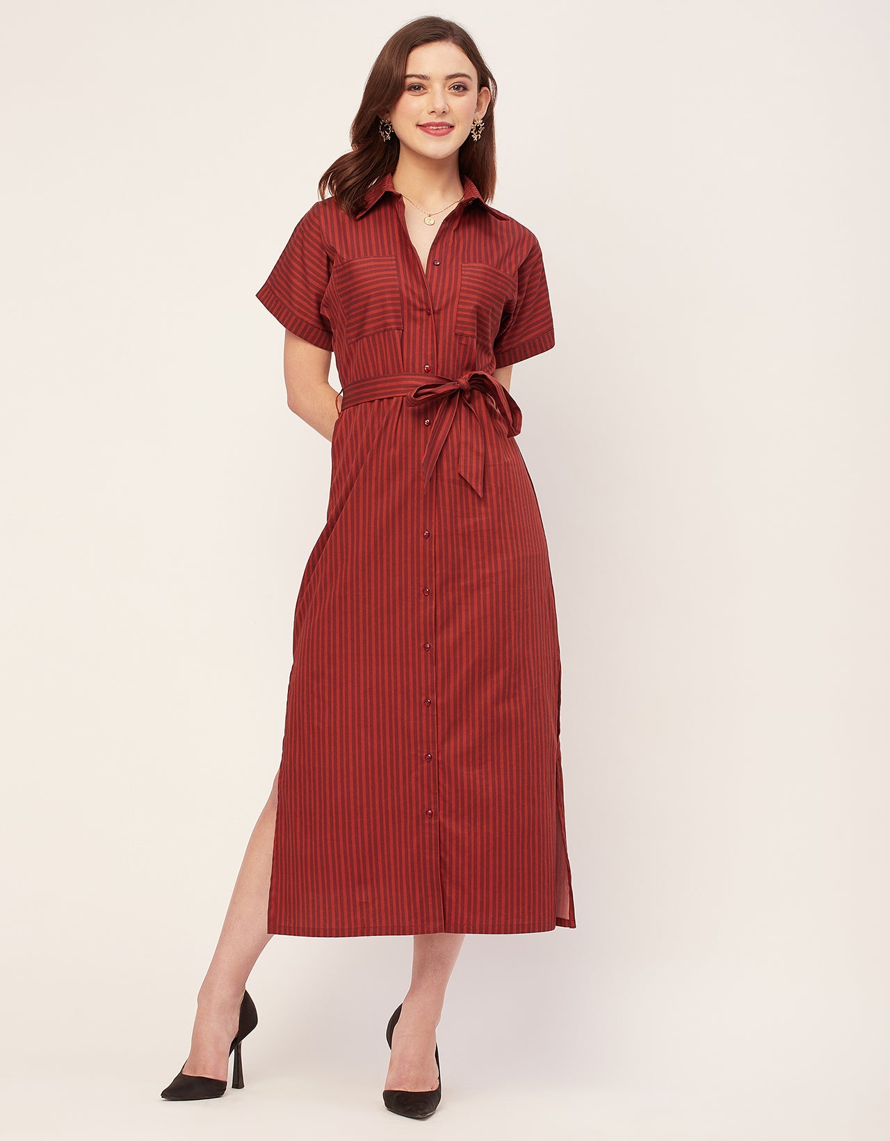 Short Sleeve Spread Collar Cotton Dress