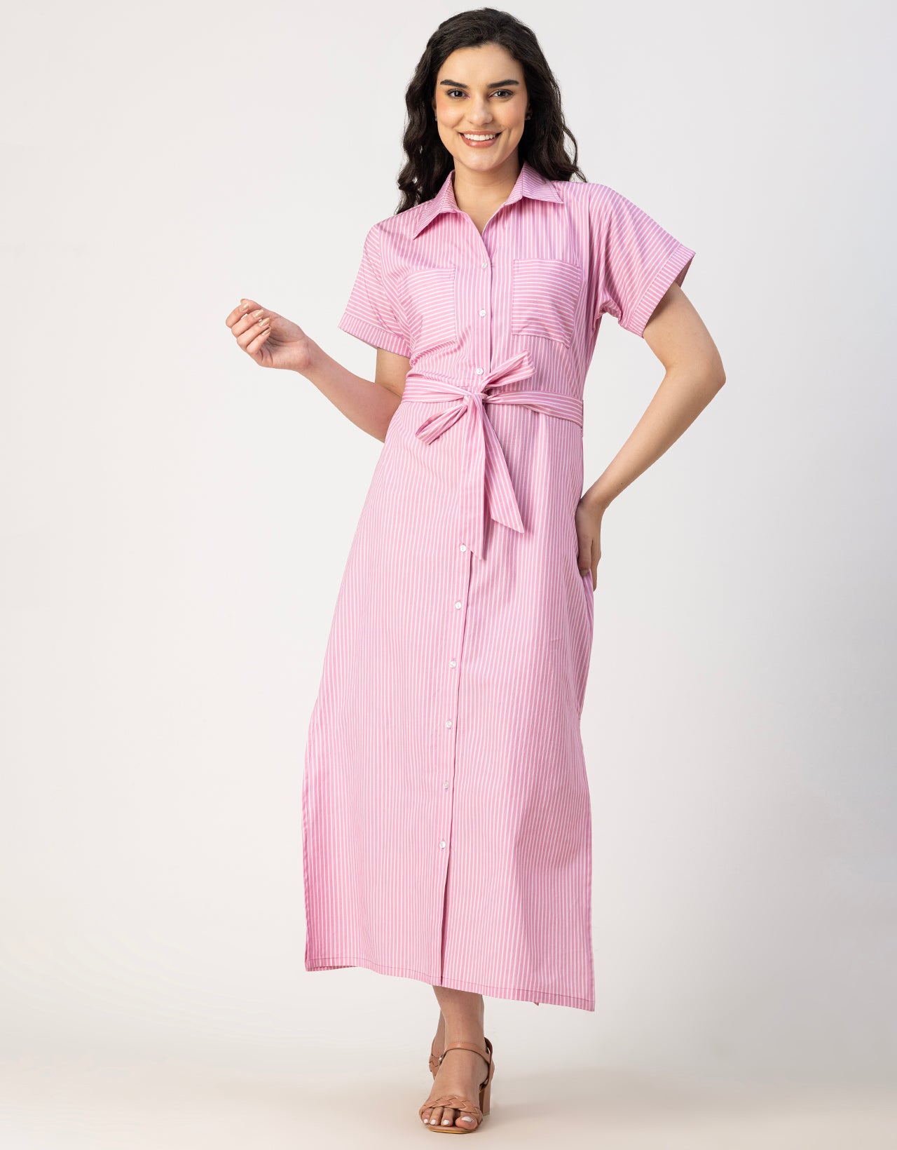 Short Sleeve Spread Collar Cotton Dress