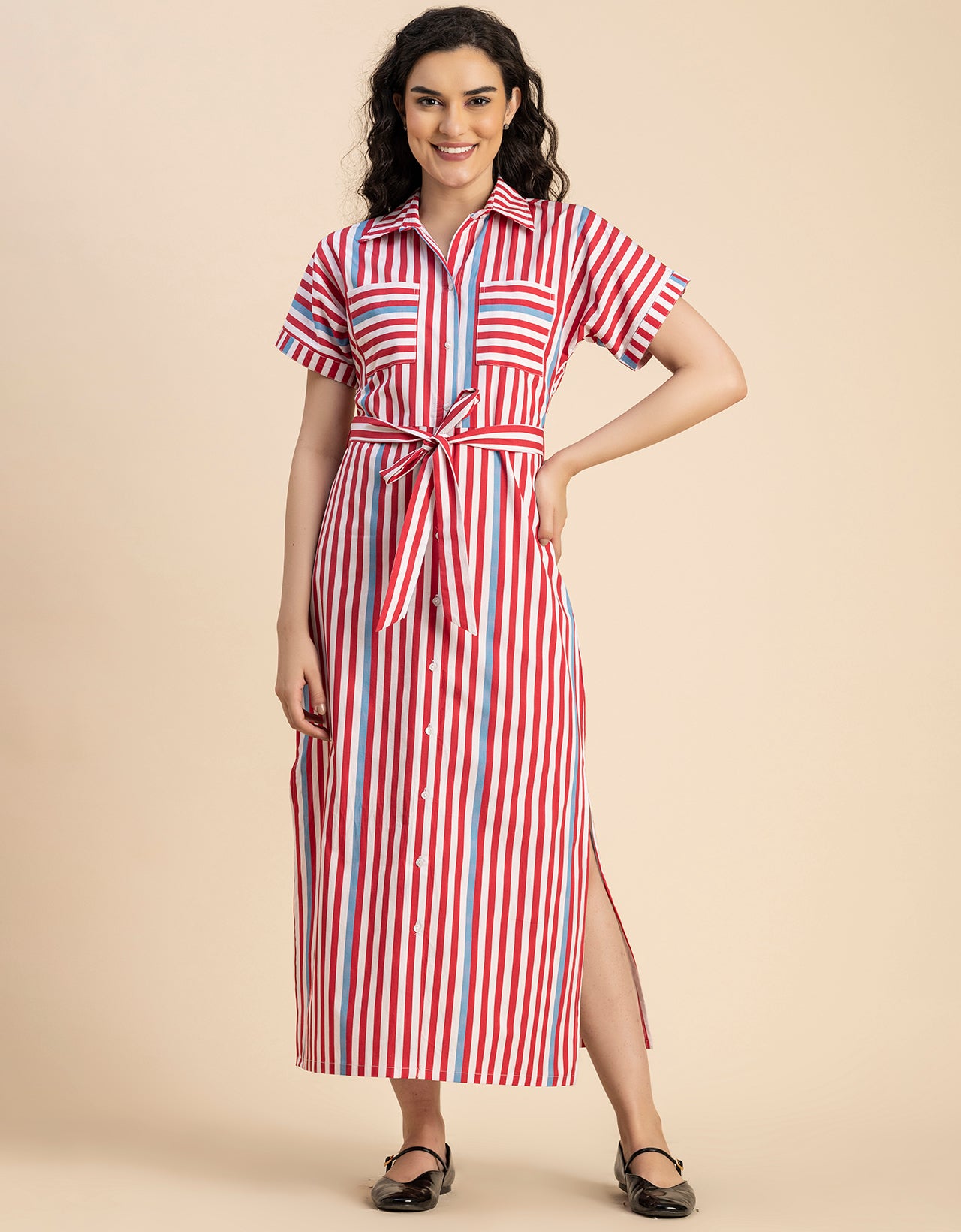 Short Sleeve Spread Collar Cotton Dress