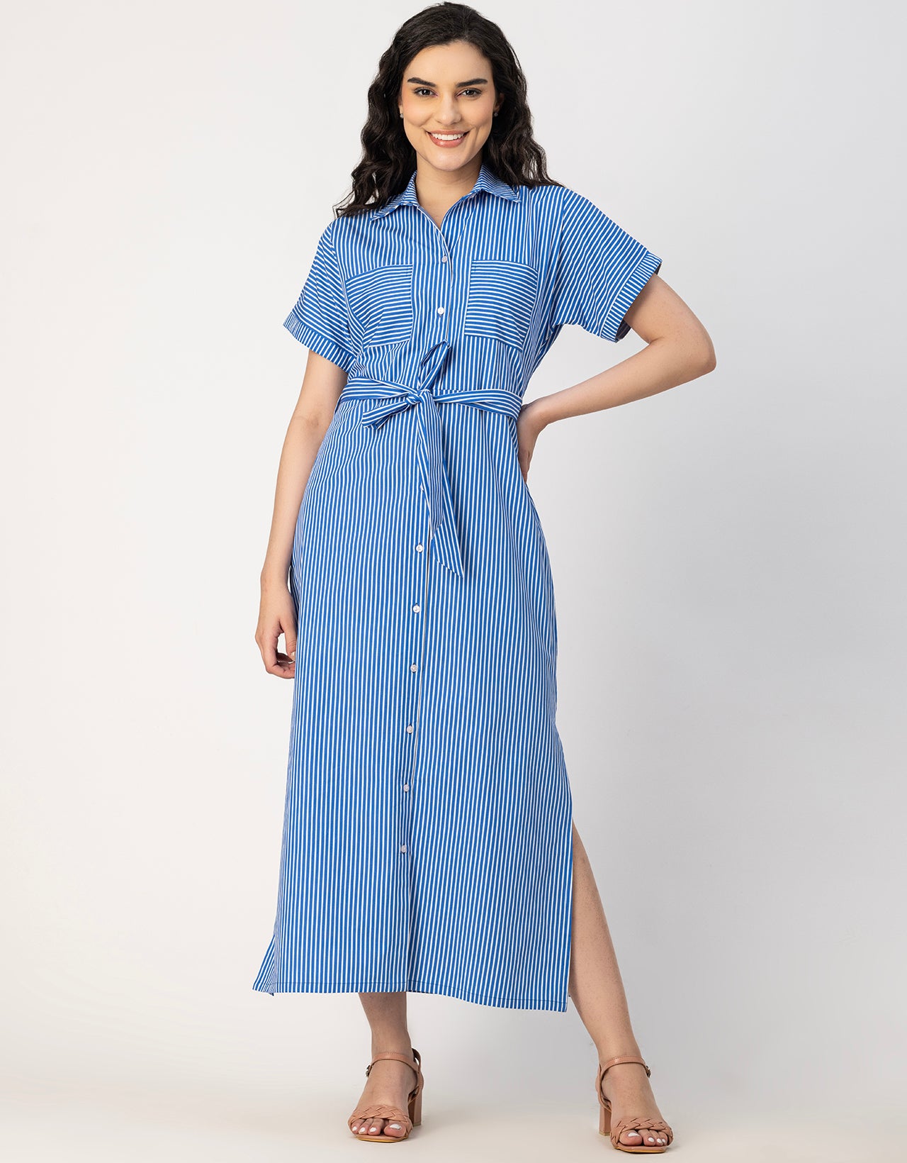 Short Sleeve Spread Collar Cotton Dress