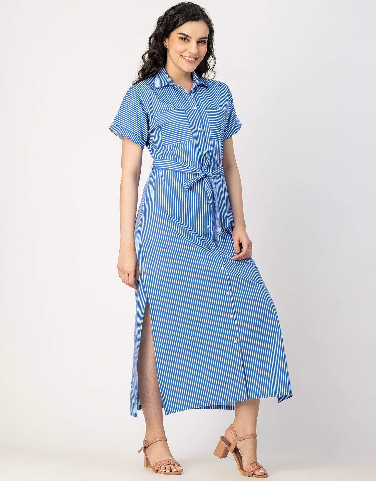 Short Sleeve Spread Collar Cotton Dress