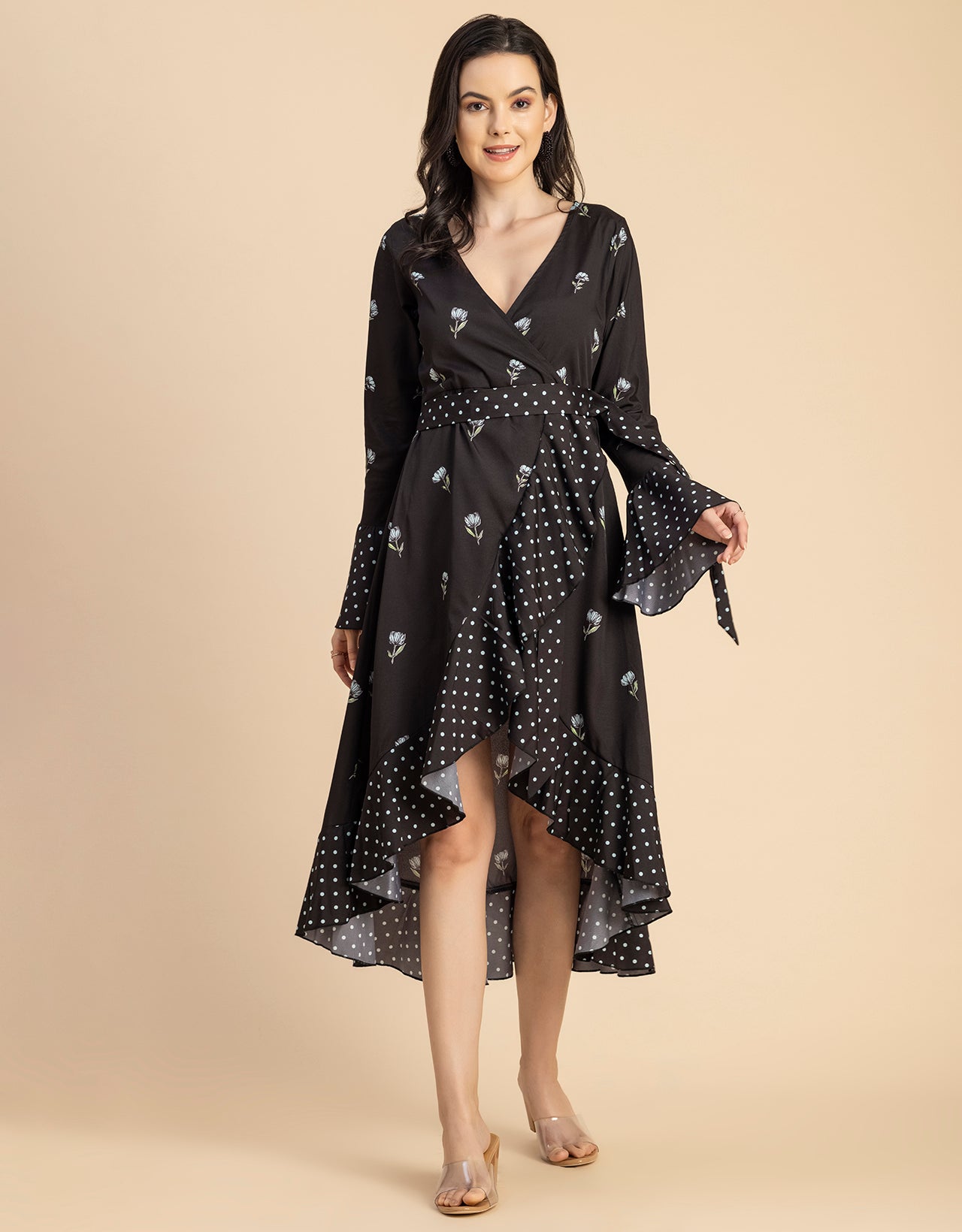 Elegant Printed Wrap Dress - Evening Party Wear