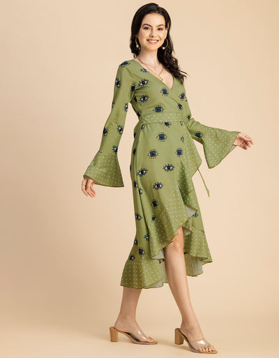 Elegant Printed Wrap Dress - Evening Party Wear