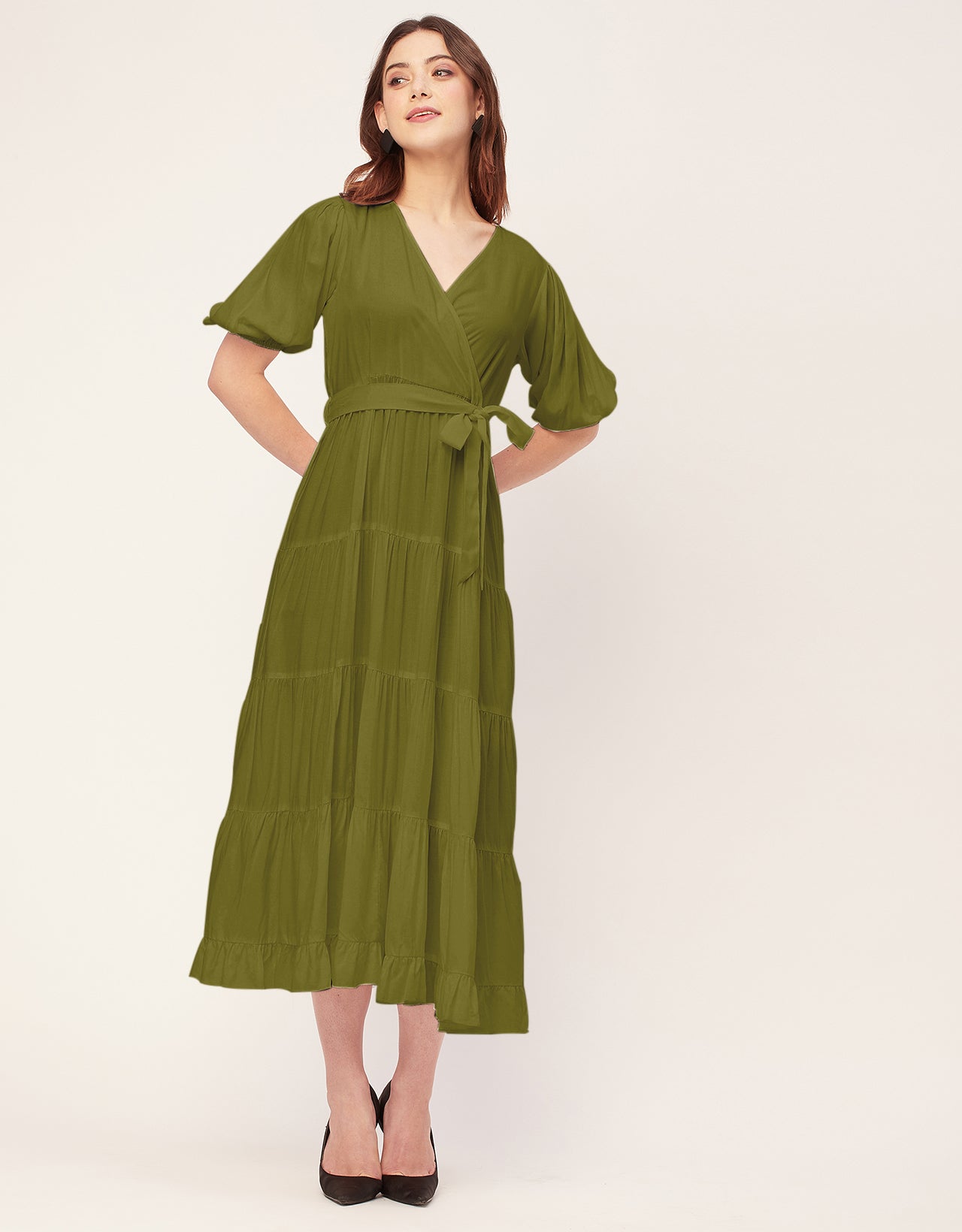 Short Sleeve V Neck Solid Rayon Dress