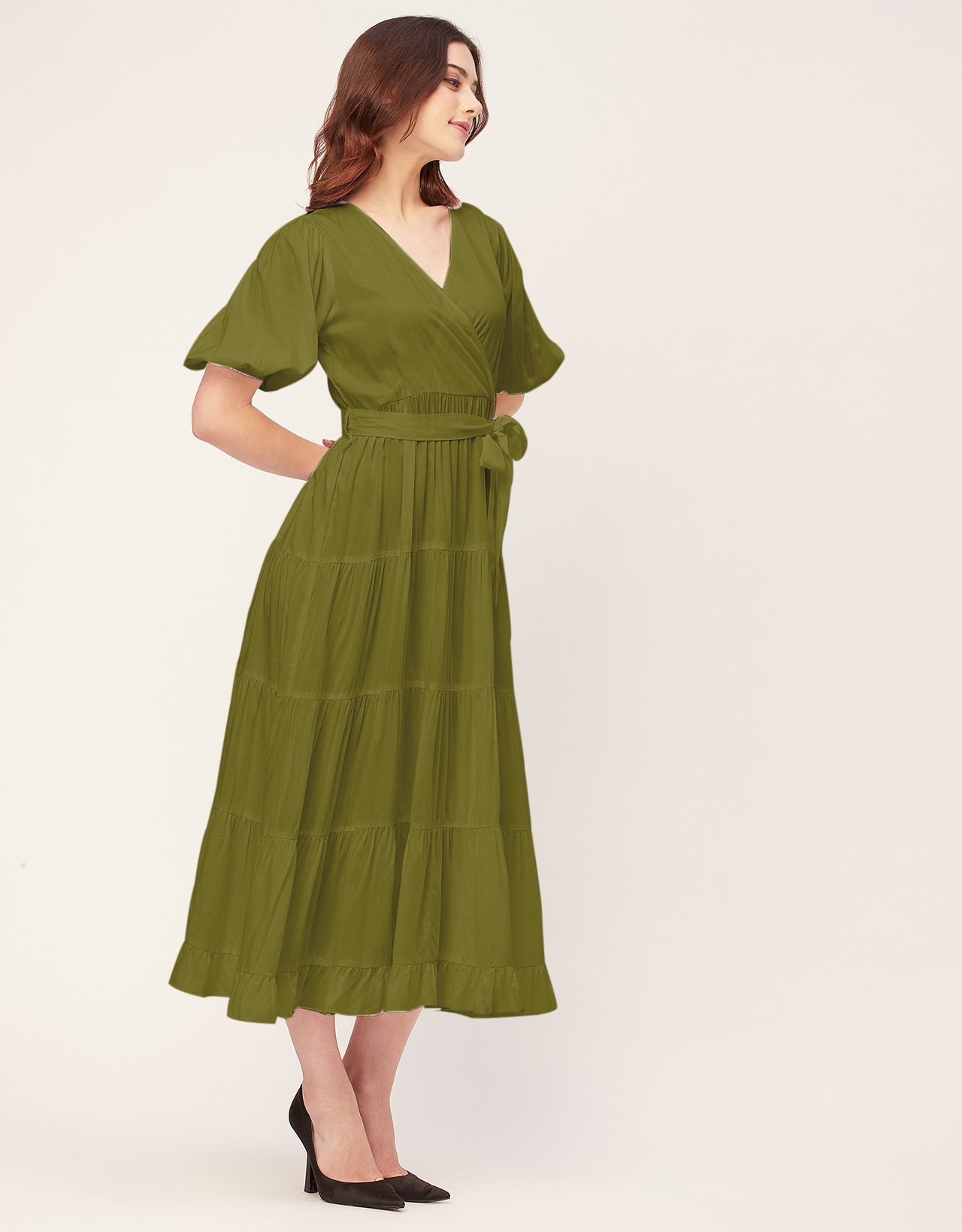 Short Sleeve V Neck Solid Rayon Dress