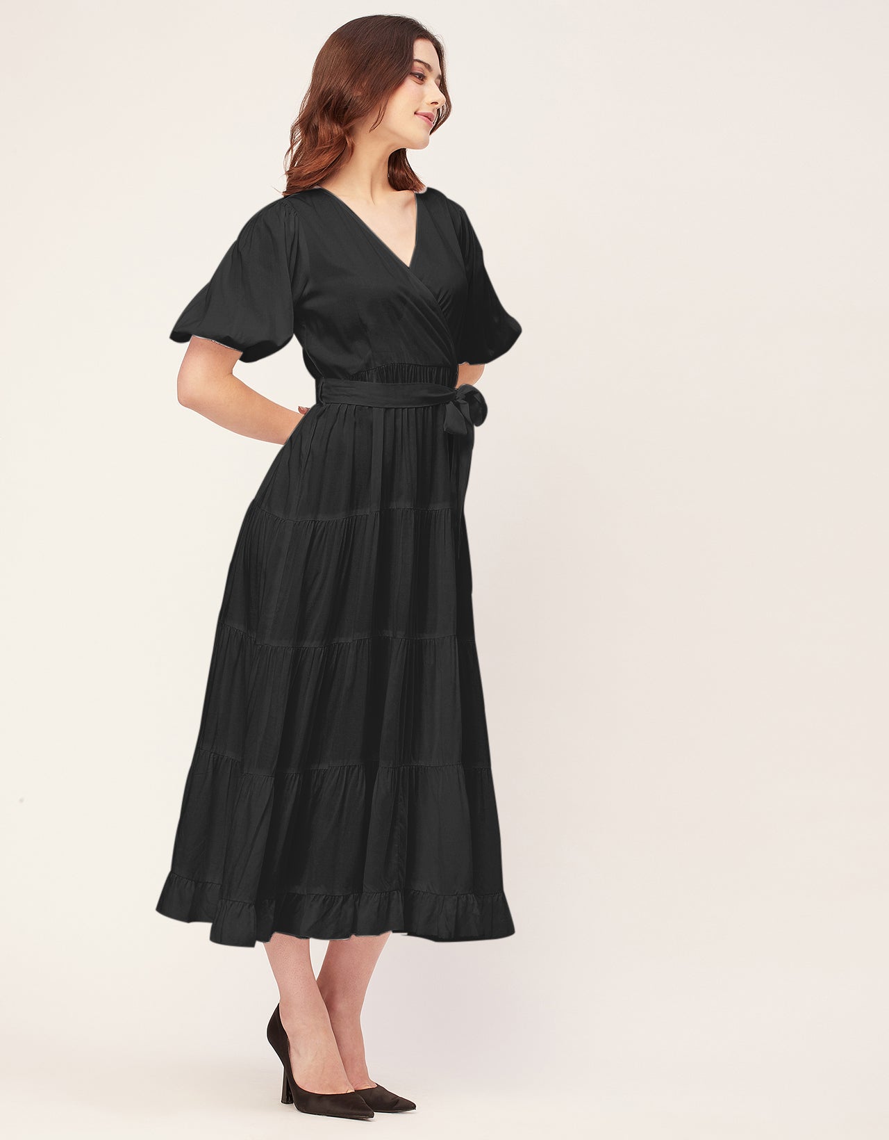 Short Sleeve V Neck Solid Rayon Dress