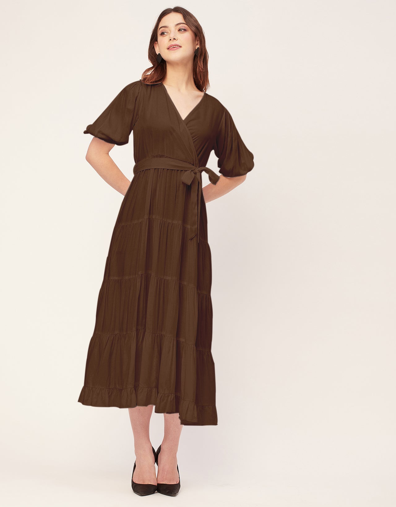 Short Sleeve V Neck Solid Rayon Dress