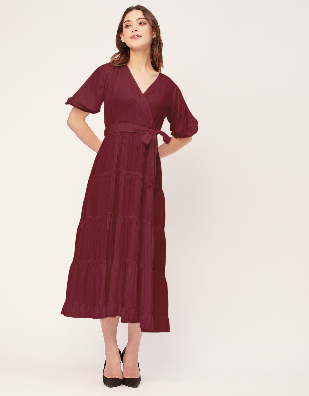 Short Sleeve V Neck Solid Rayon Dress