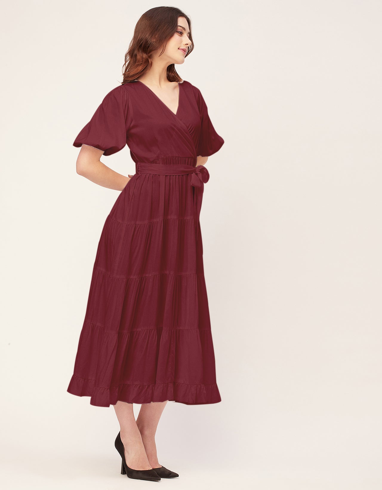 Short Sleeve V Neck Solid Rayon Dress