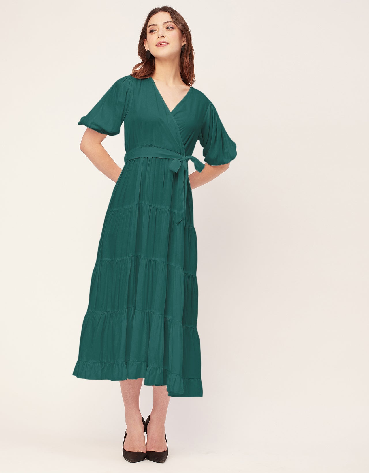 Short Sleeve V Neck Solid Rayon Dress