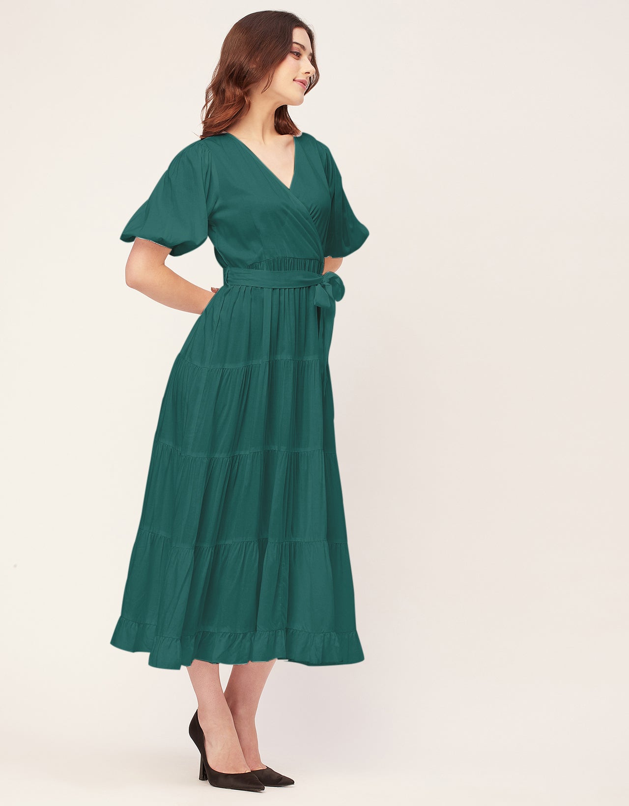Short Sleeve V Neck Solid Rayon Dress