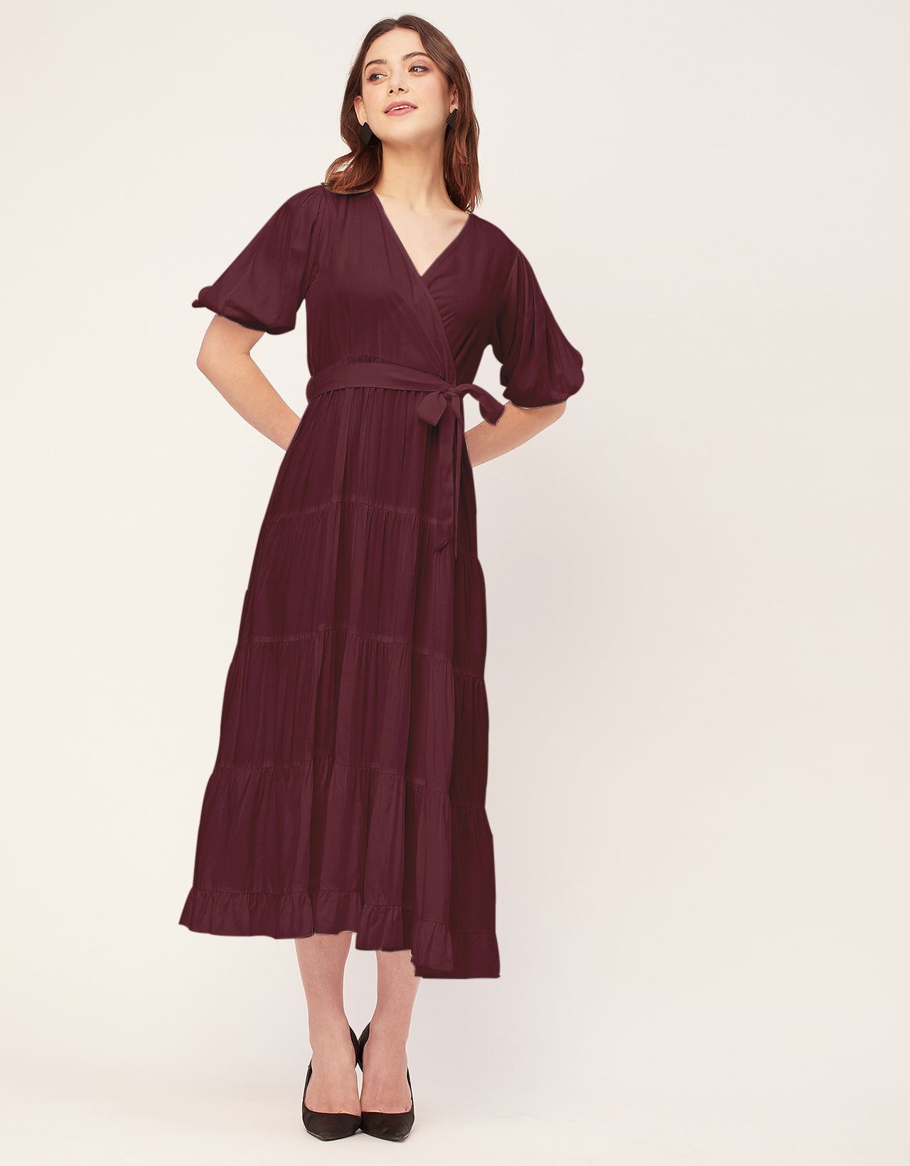 Short Sleeve V Neck Solid Rayon Dress