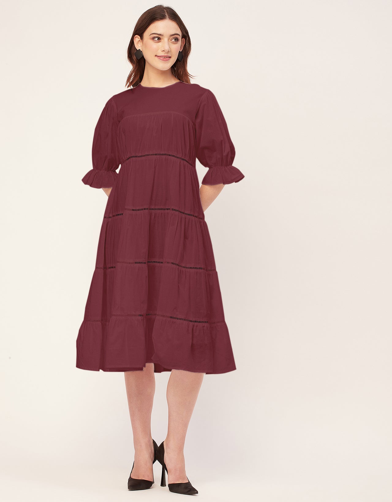 Short Sleeves Round Neck Tiered Cotton Dress