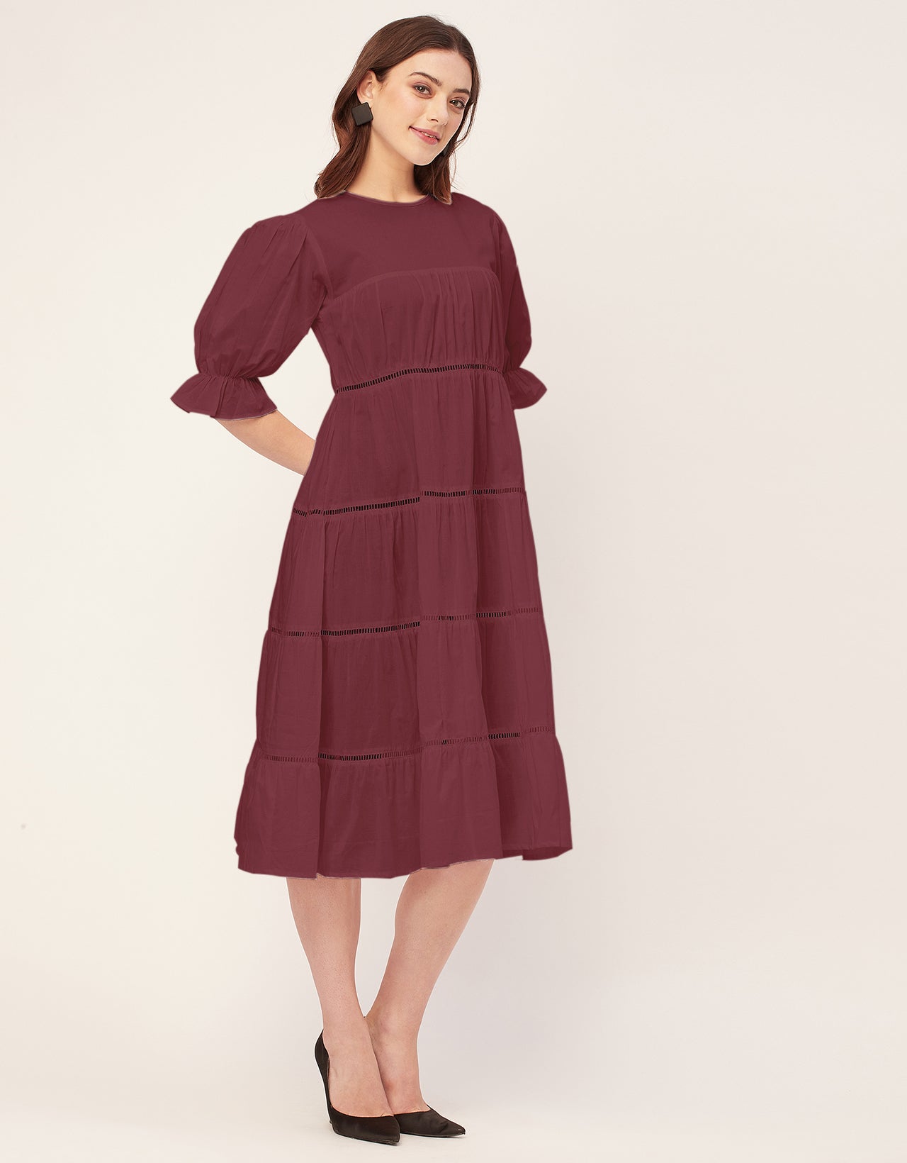 Short Sleeves Round Neck Tiered Cotton Dress