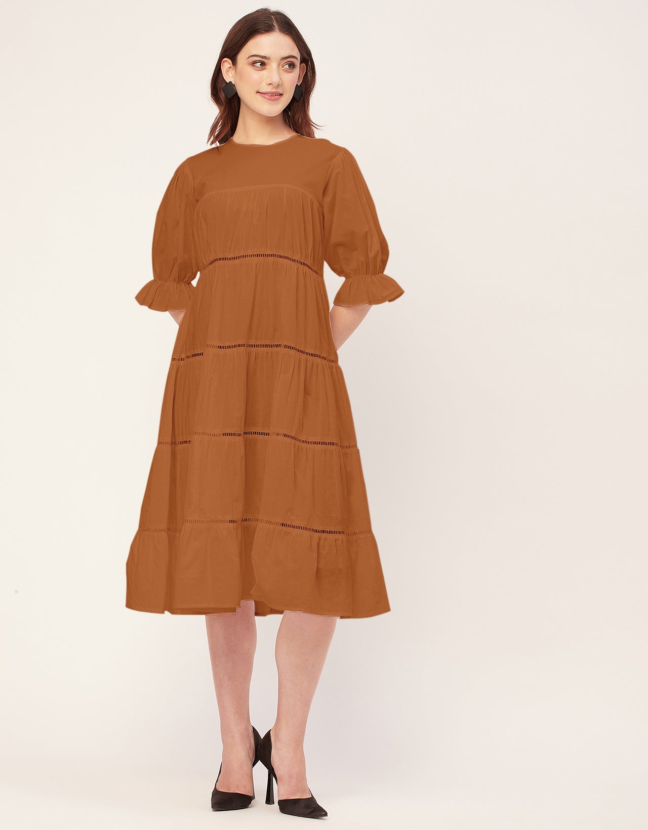 Short Sleeves Round Neck Tiered Cotton Dress