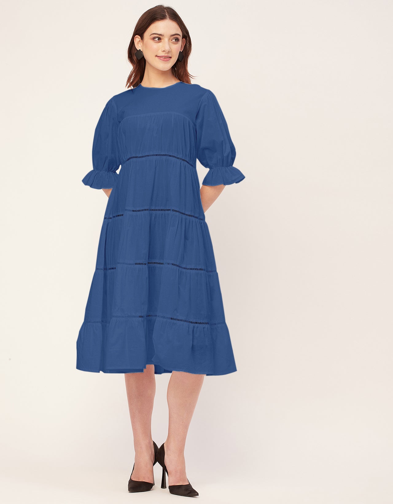 Short Sleeves Round Neck Tiered Cotton Dress