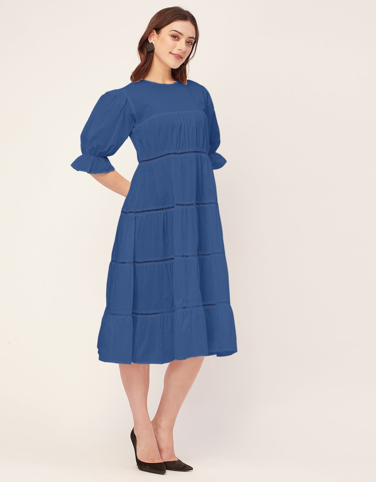 Short Sleeves Round Neck Tiered Cotton Dress