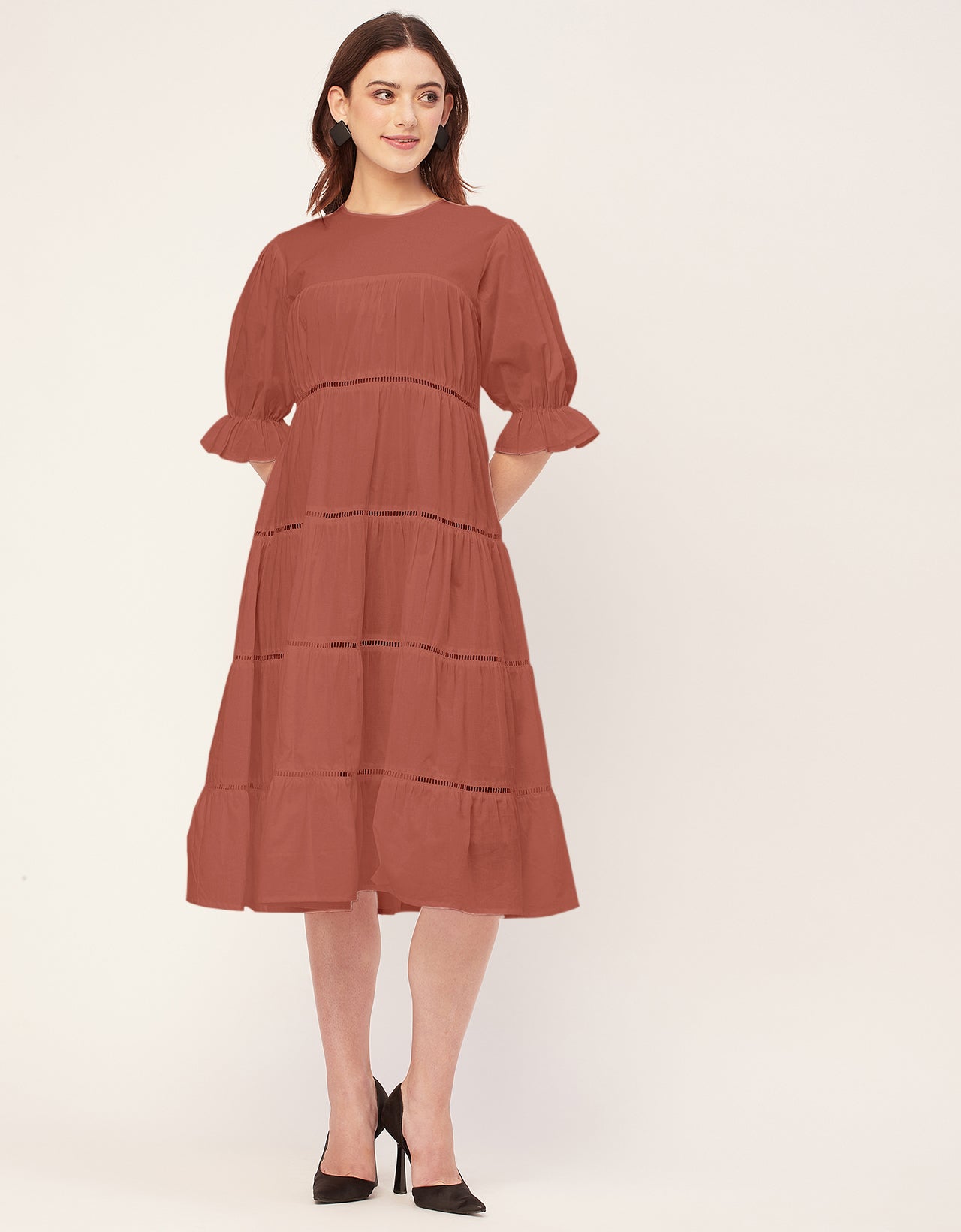 Short Sleeves Round Neck Tiered Cotton Dress