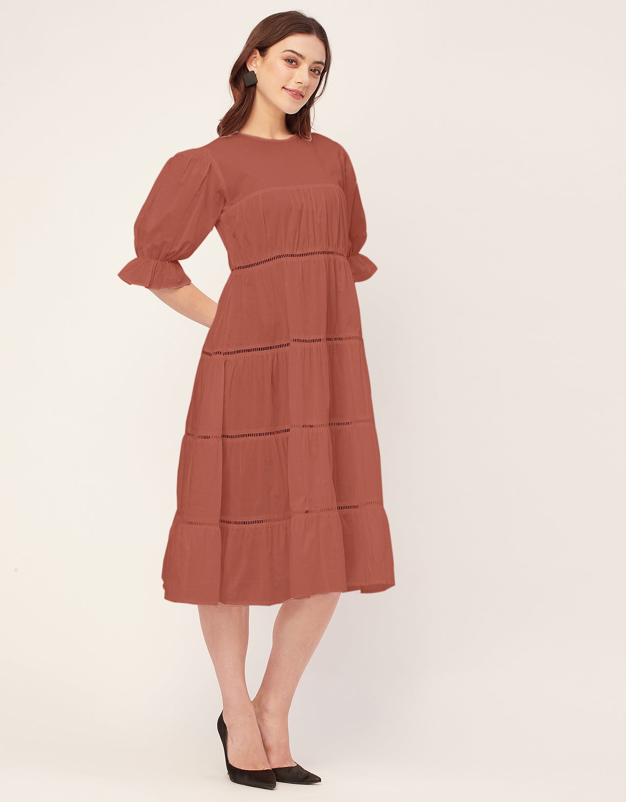 Short Sleeves Round Neck Tiered Cotton Dress