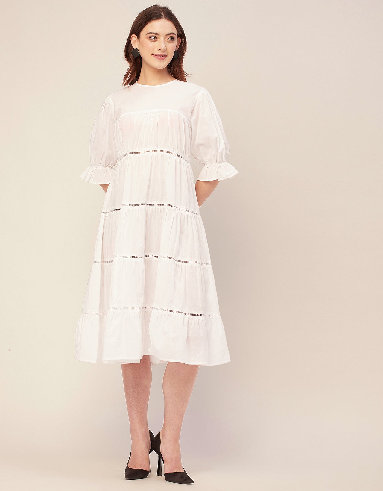 Short Sleeves Round Neck Tiered Cotton Dress