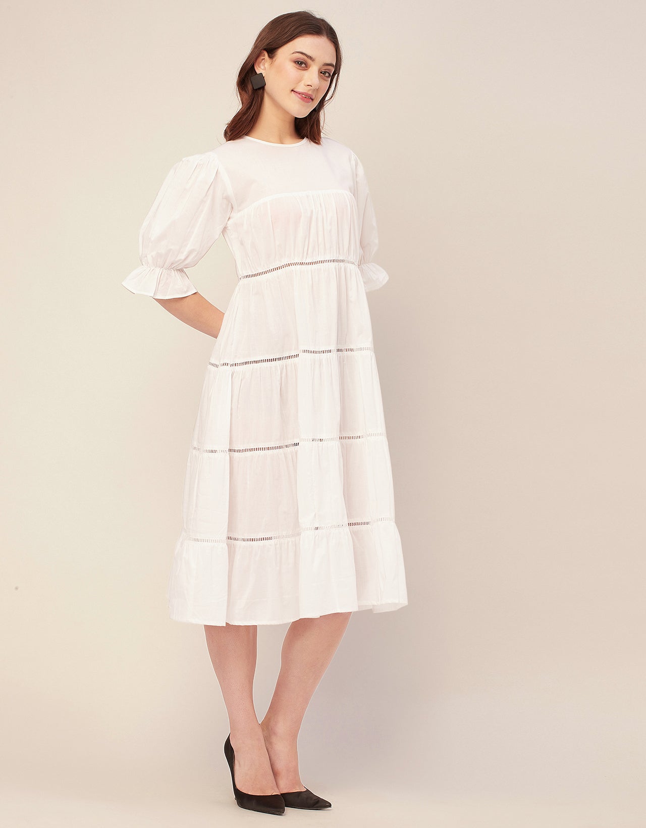 Short Sleeves Round Neck Tiered Cotton Dress