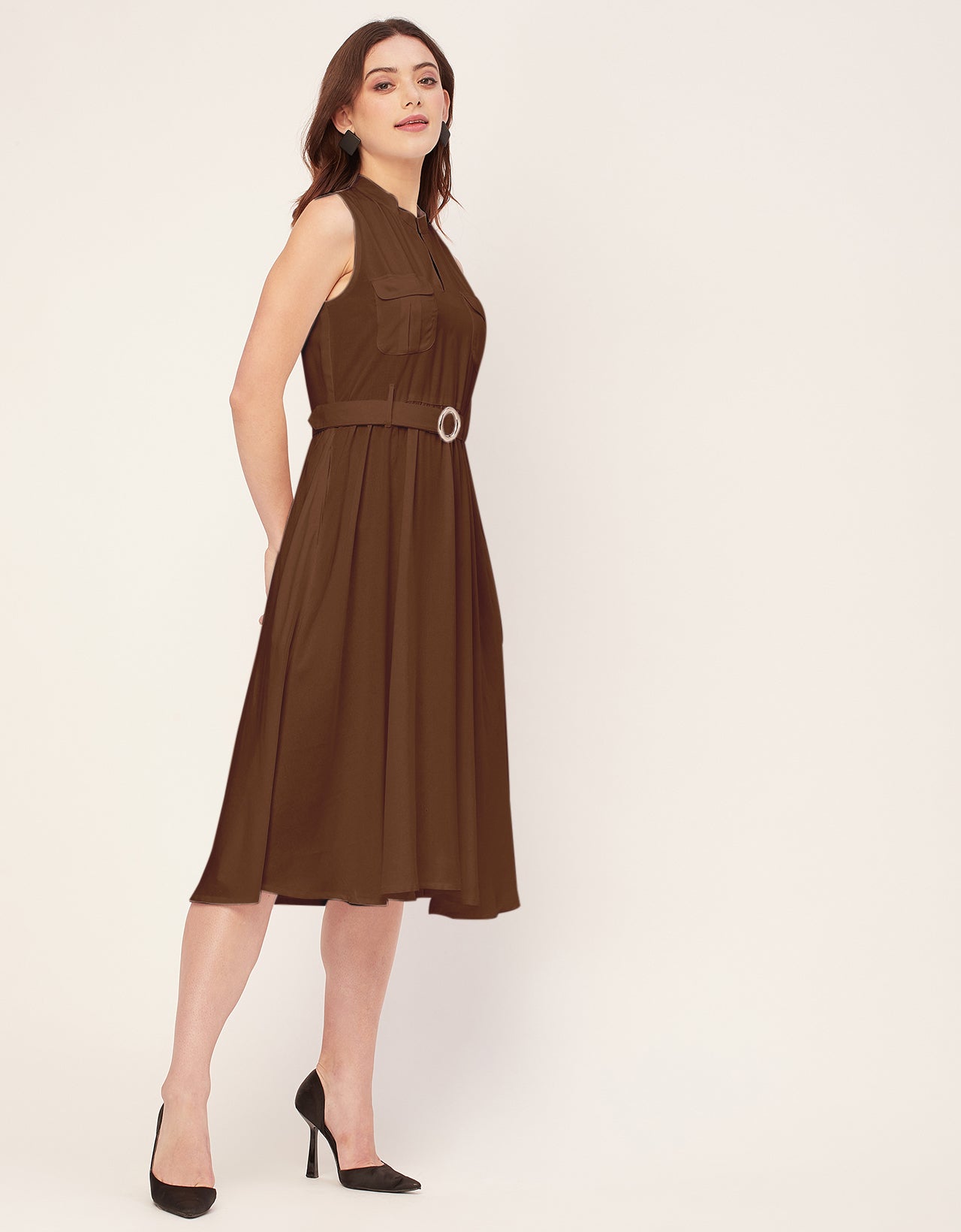 Sleeveless Mandarin Collar Rayon Dress