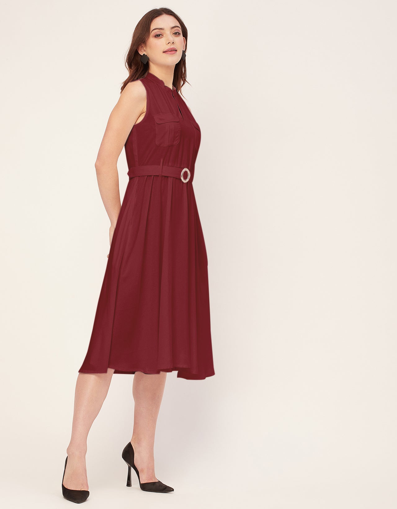 Sleeveless Mandarin Collar Rayon Dress