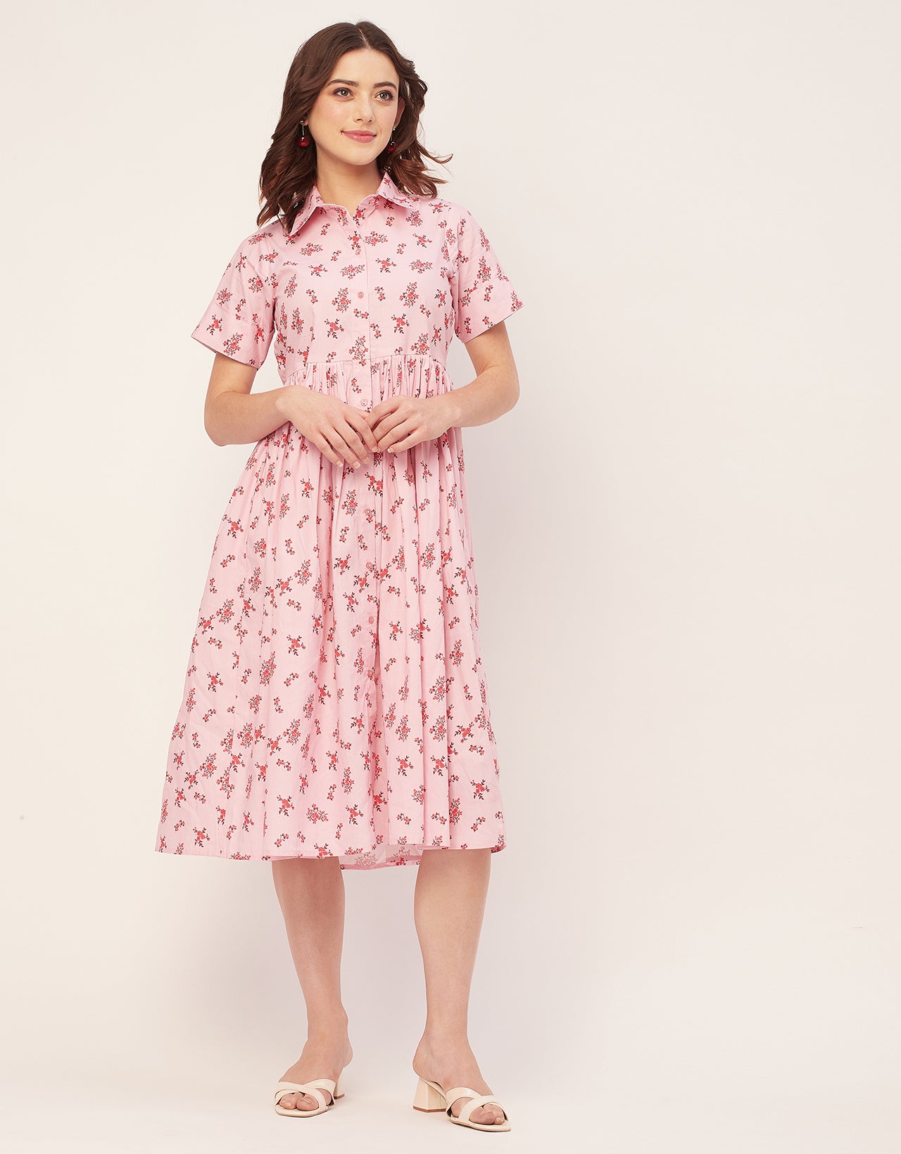 Short Sleeves Spread Collar Flared Cotton Dress