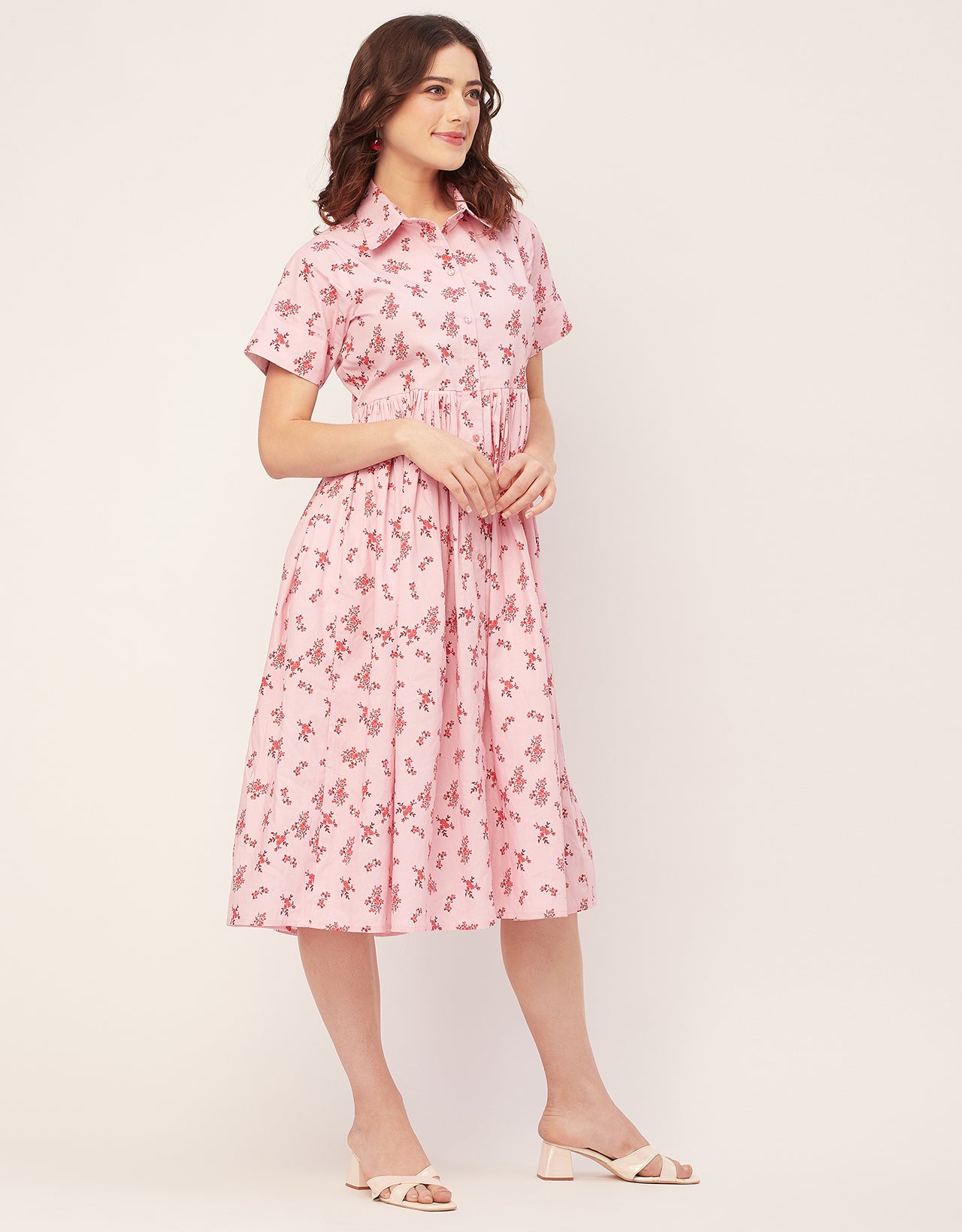 Short Sleeves Spread Collar Flared Cotton Dress