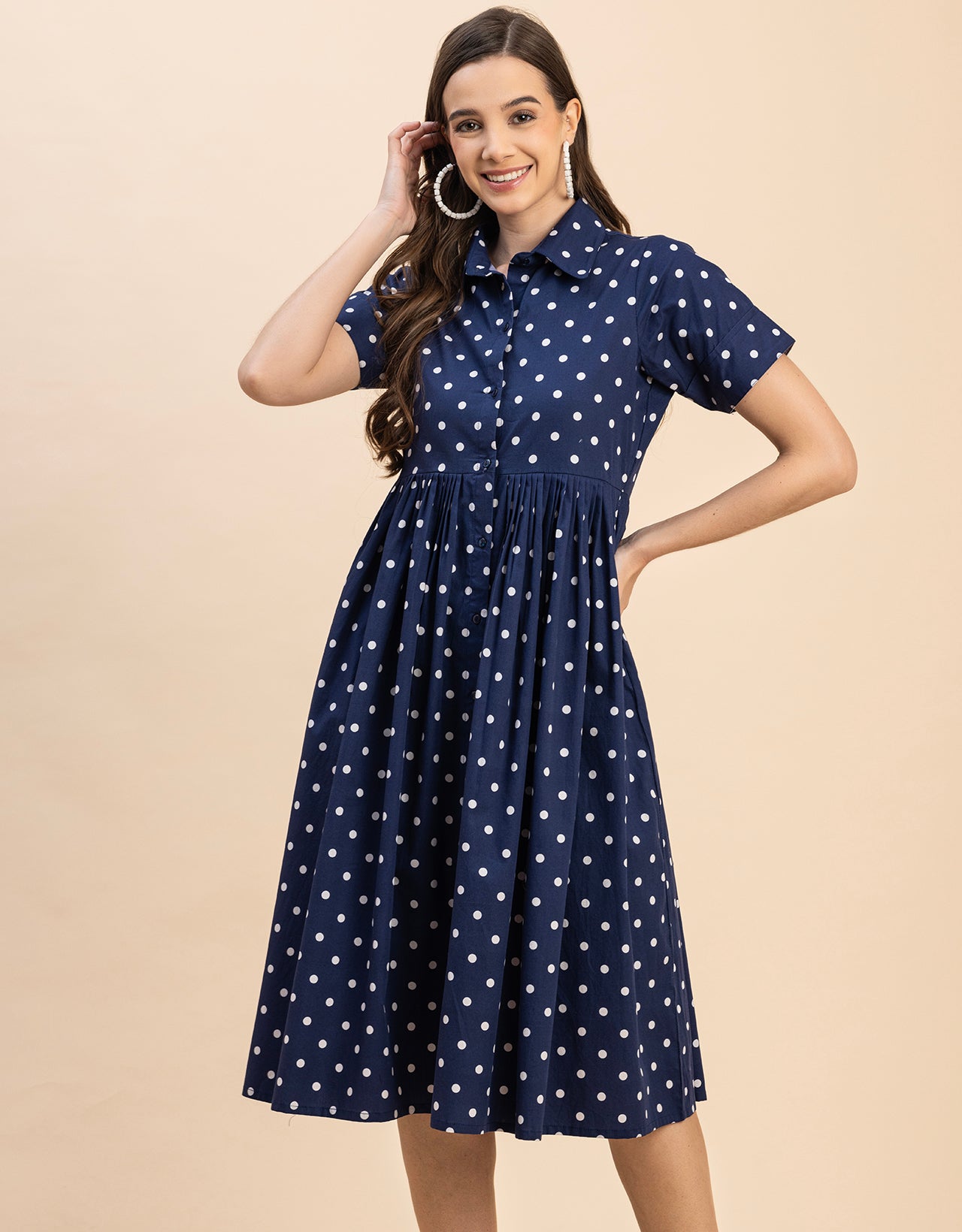 Short Sleeves Spread Collar Flared Cotton Dress