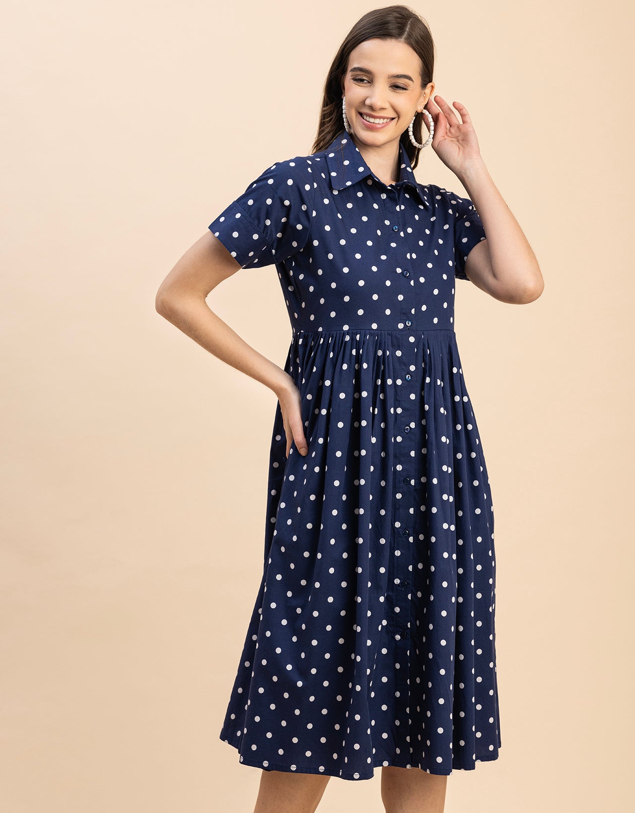 Short Sleeves Spread Collar Flared Cotton Dress