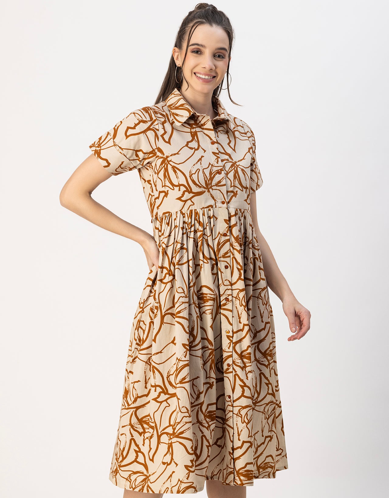 Short Sleeves Spread Collar Flared Cotton Dress