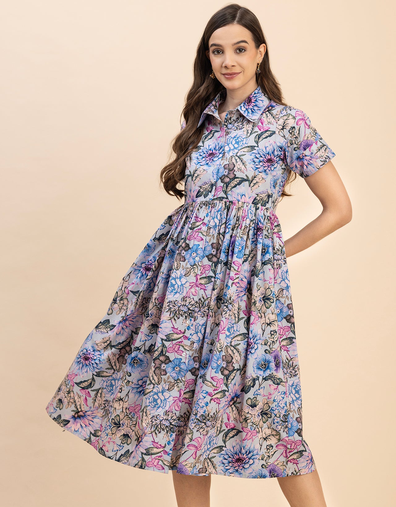 Short Sleeves Spread Collar Flared Cotton Dress