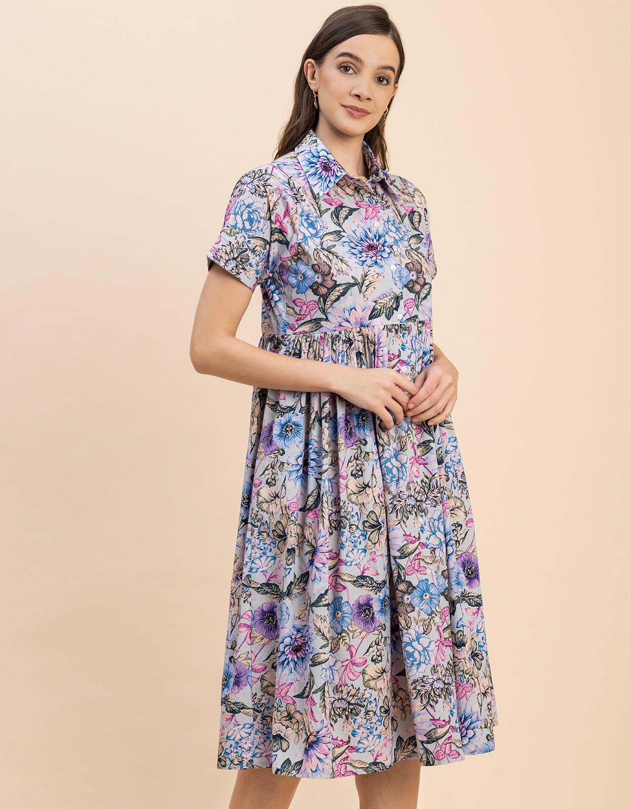 Short Sleeves Spread Collar Flared Cotton Dress