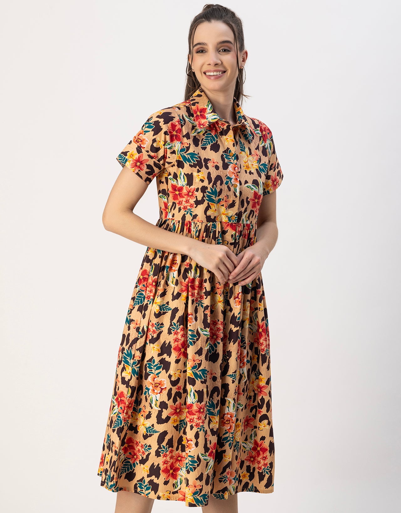 Short Sleeves Spread Collar Flared Cotton Dress