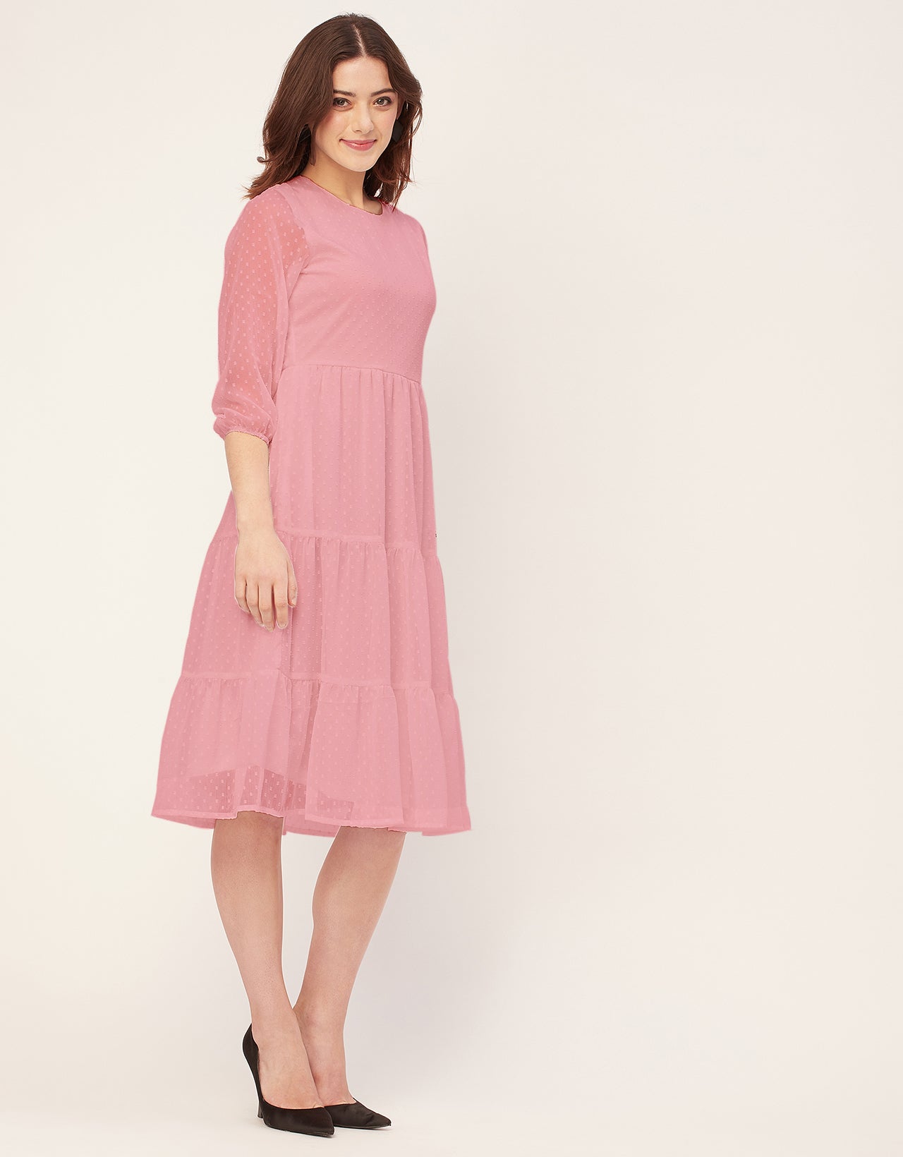 Round Neck Tiered Solid Georgette Dress