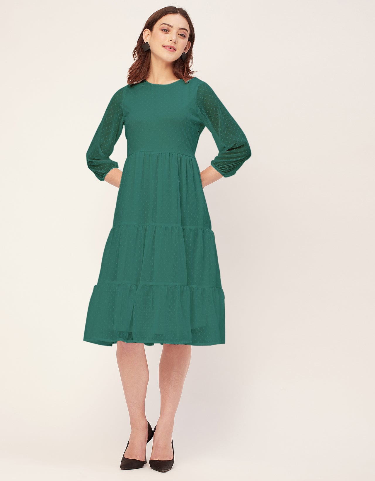 Round Neck Tiered Solid Georgette Dress
