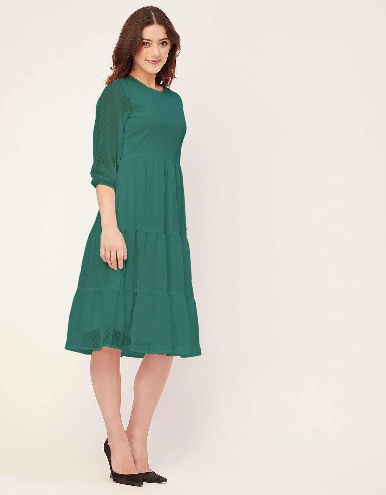 Round Neck Tiered Solid Georgette Dress