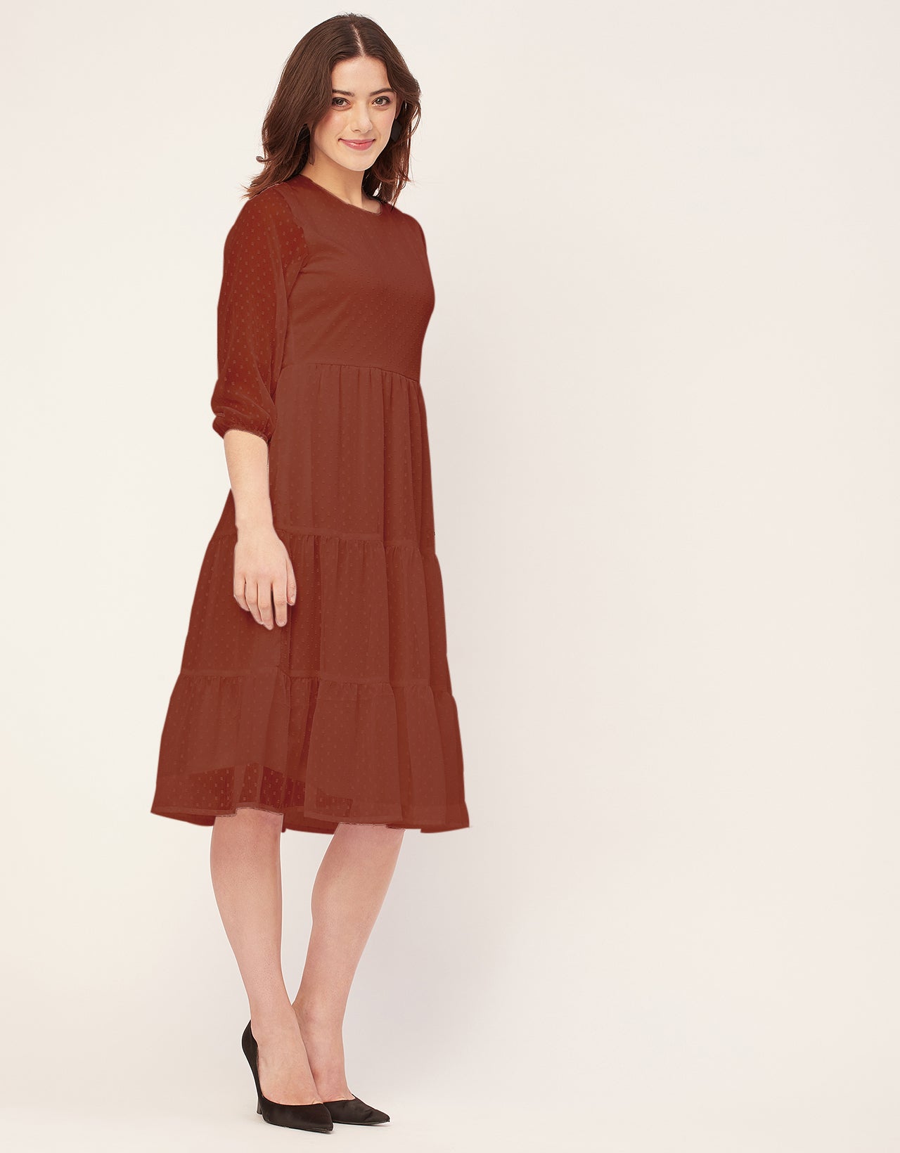 Round Neck Tiered Solid Georgette Dress
