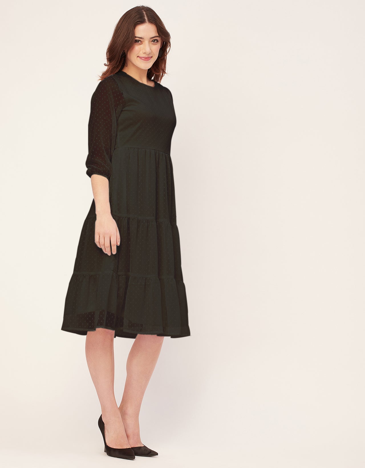 Round Neck Tiered Solid Georgette Dress