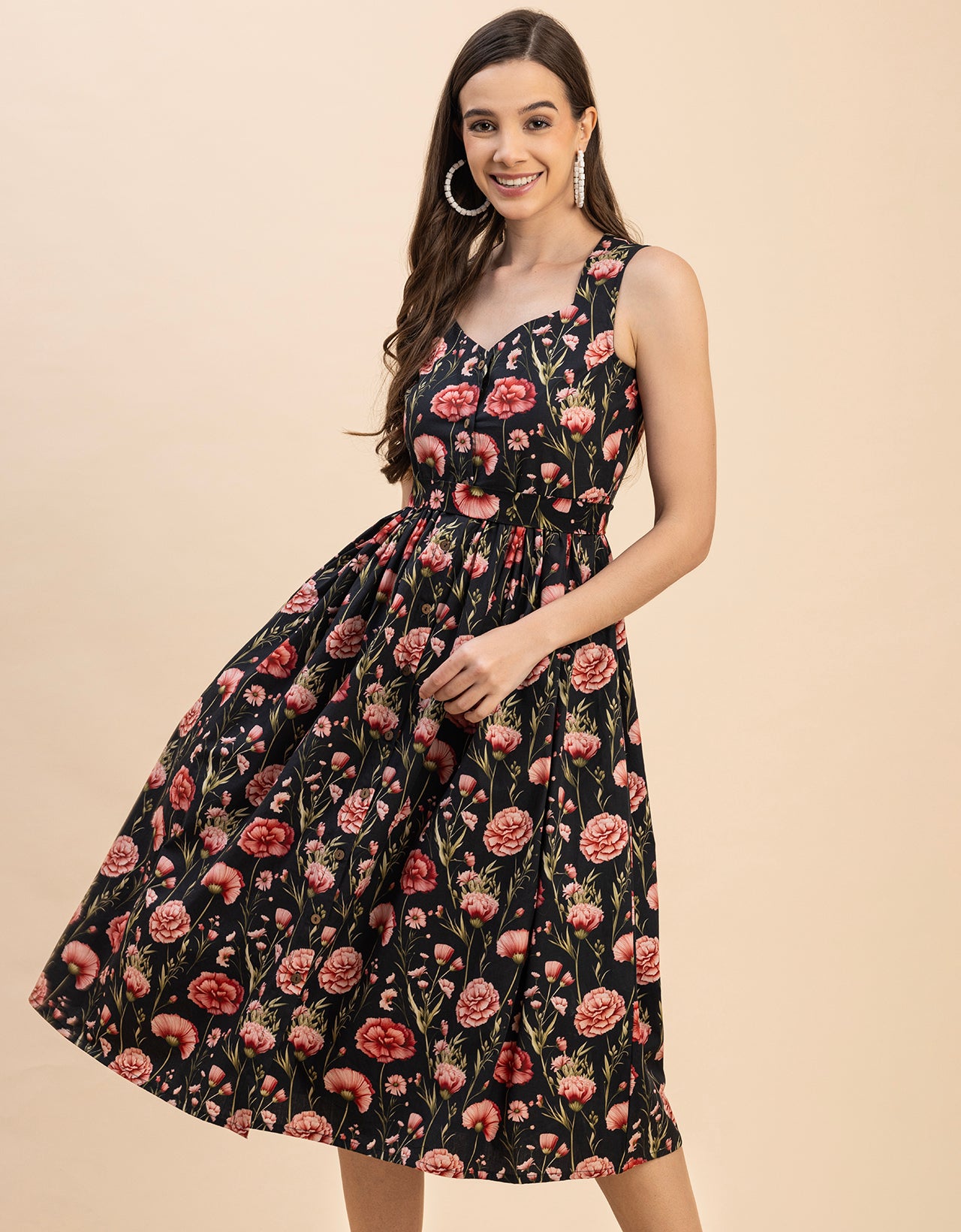 Sleeveless Sweetheart Neck Flared Cotton Dress
