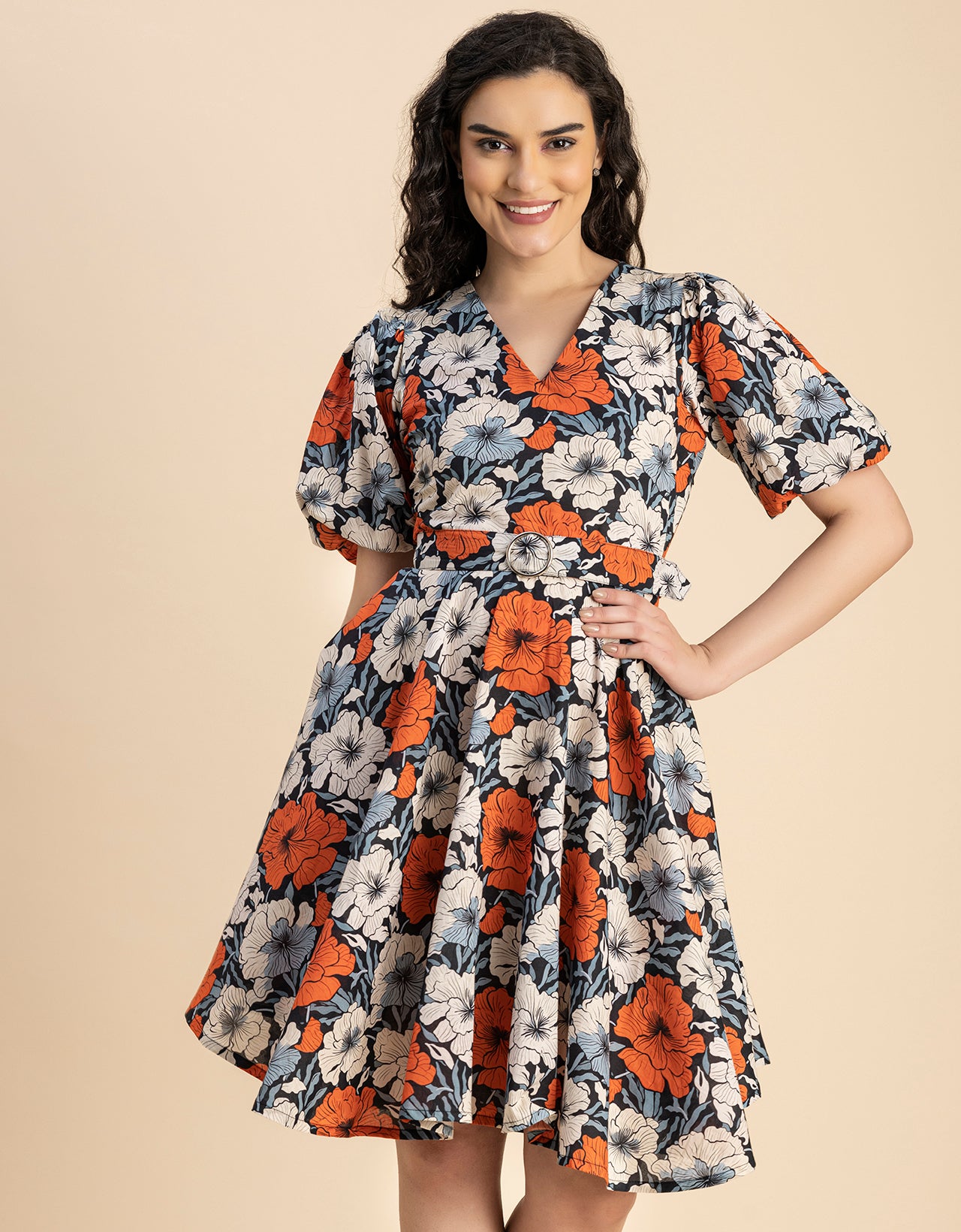 Short Sleeves V Neck Cotton Dress