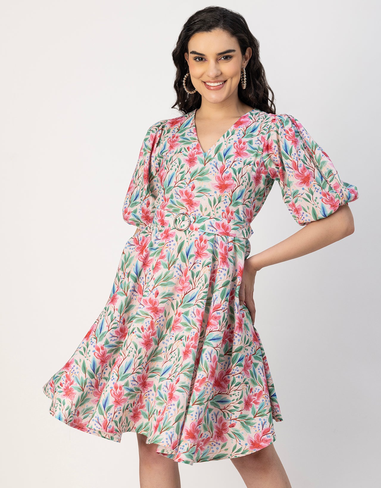 Short Sleeves V Neck Cotton Dress