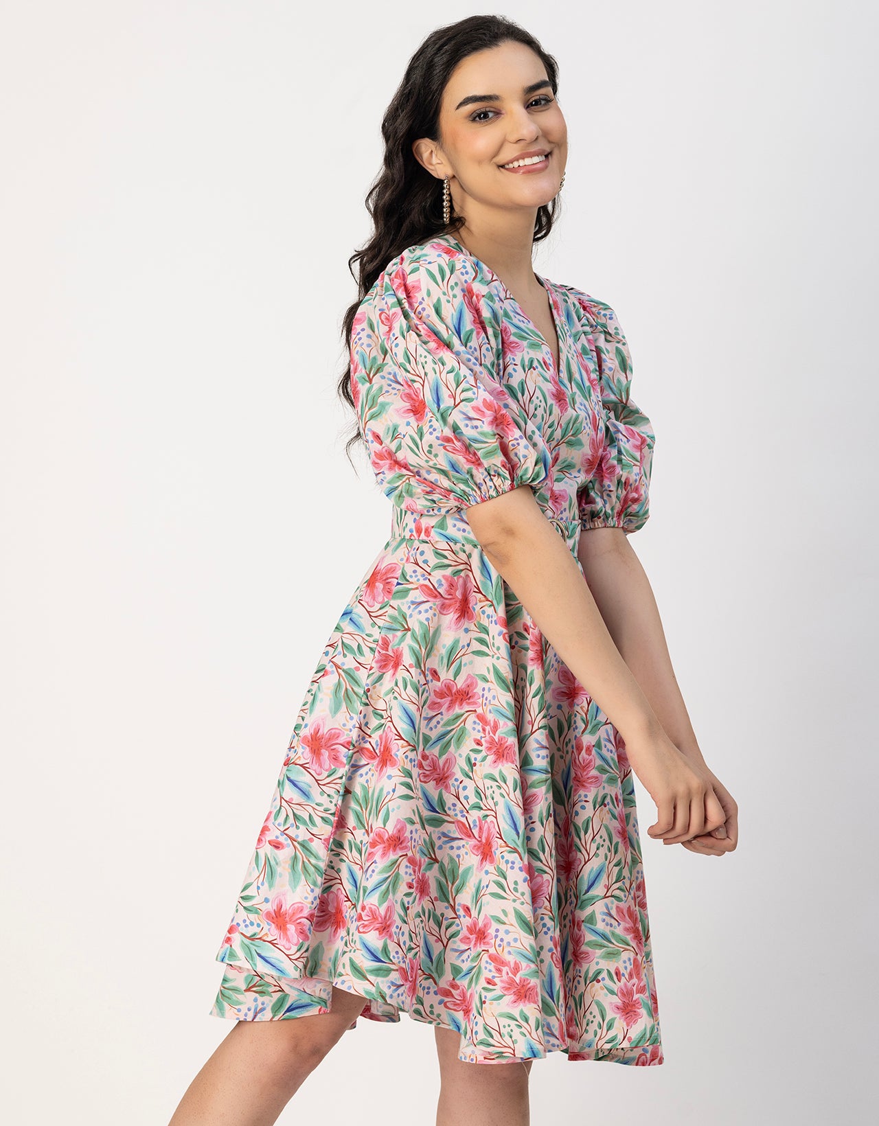 Short Sleeves V Neck Cotton Dress