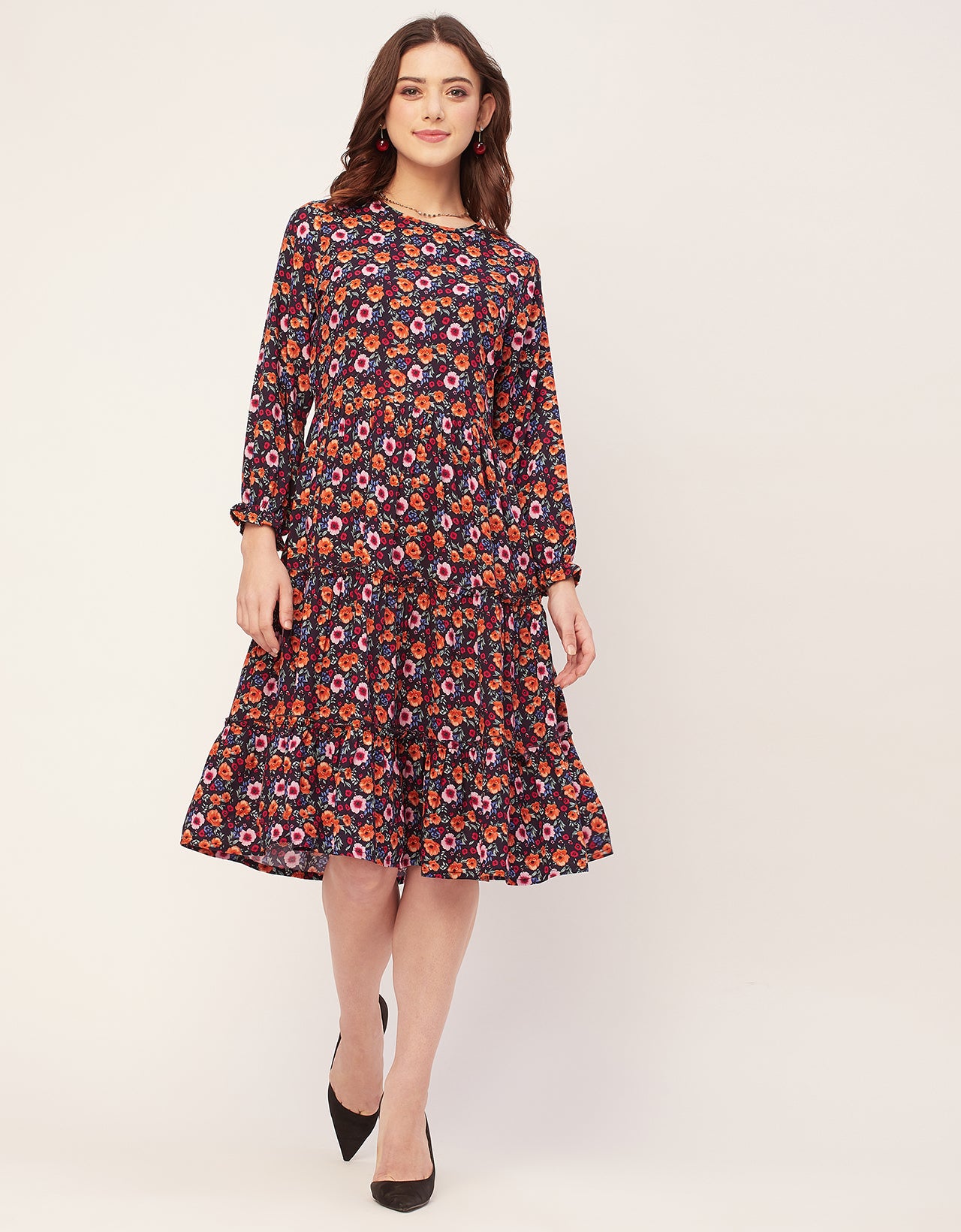 Long Sleeves Round Neck Printed Rayon Dress