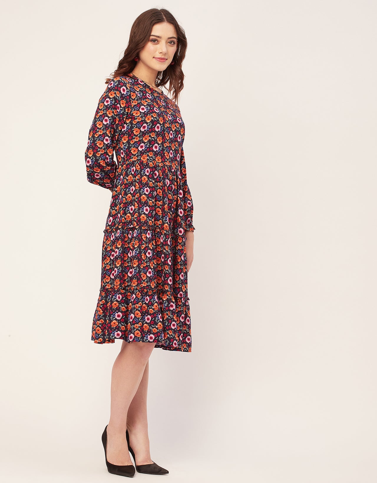 Long Sleeves Round Neck Printed Rayon Dress