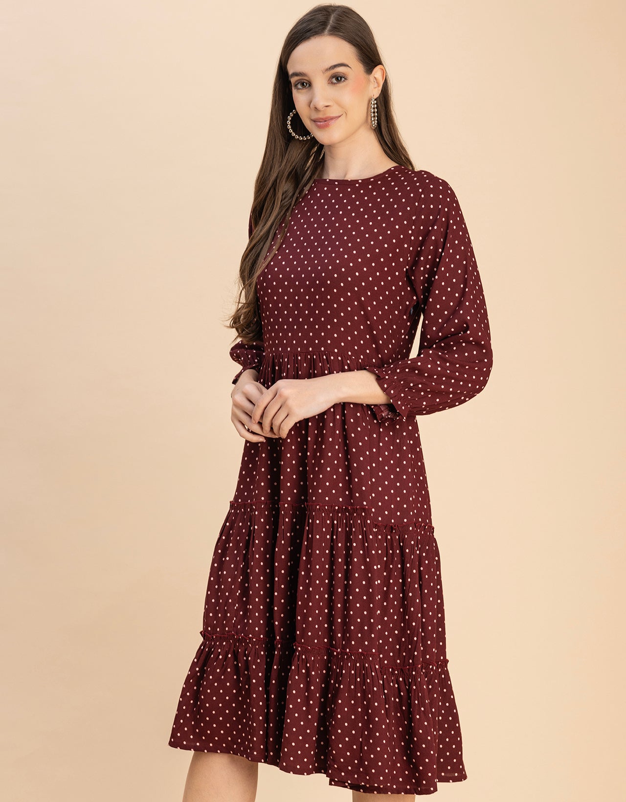 Long Sleeves Round Neck Printed Rayon Dress