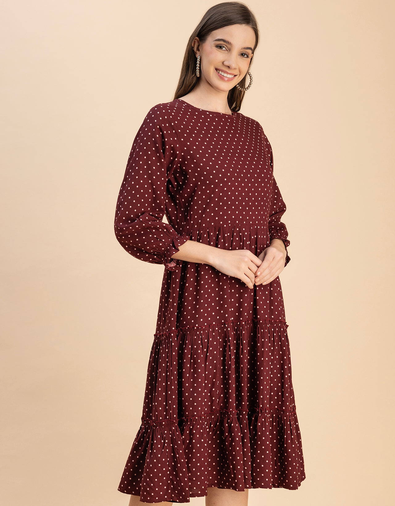 Long Sleeves Round Neck Printed Rayon Dress